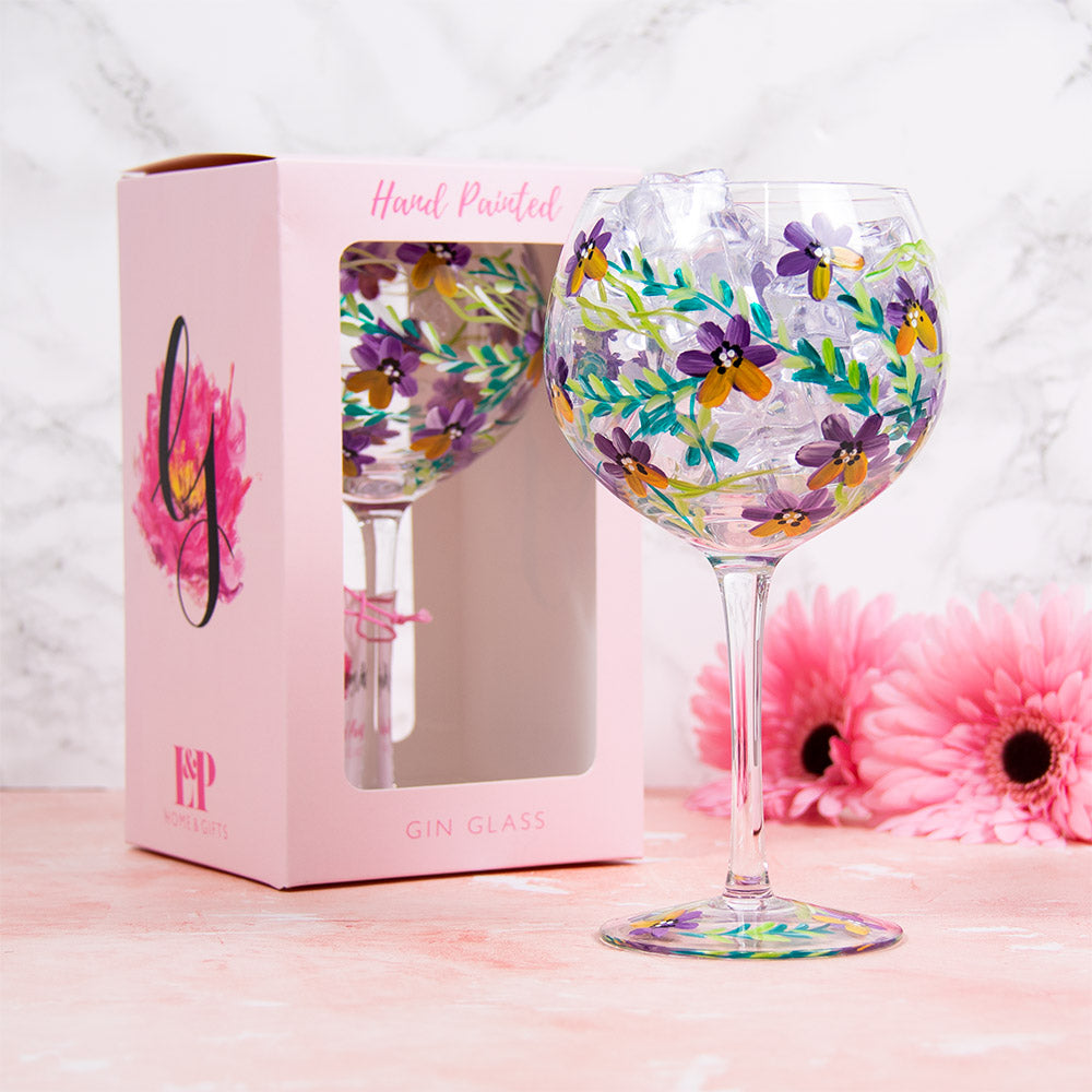 Hand Painted Pansies Flower Gin Glass