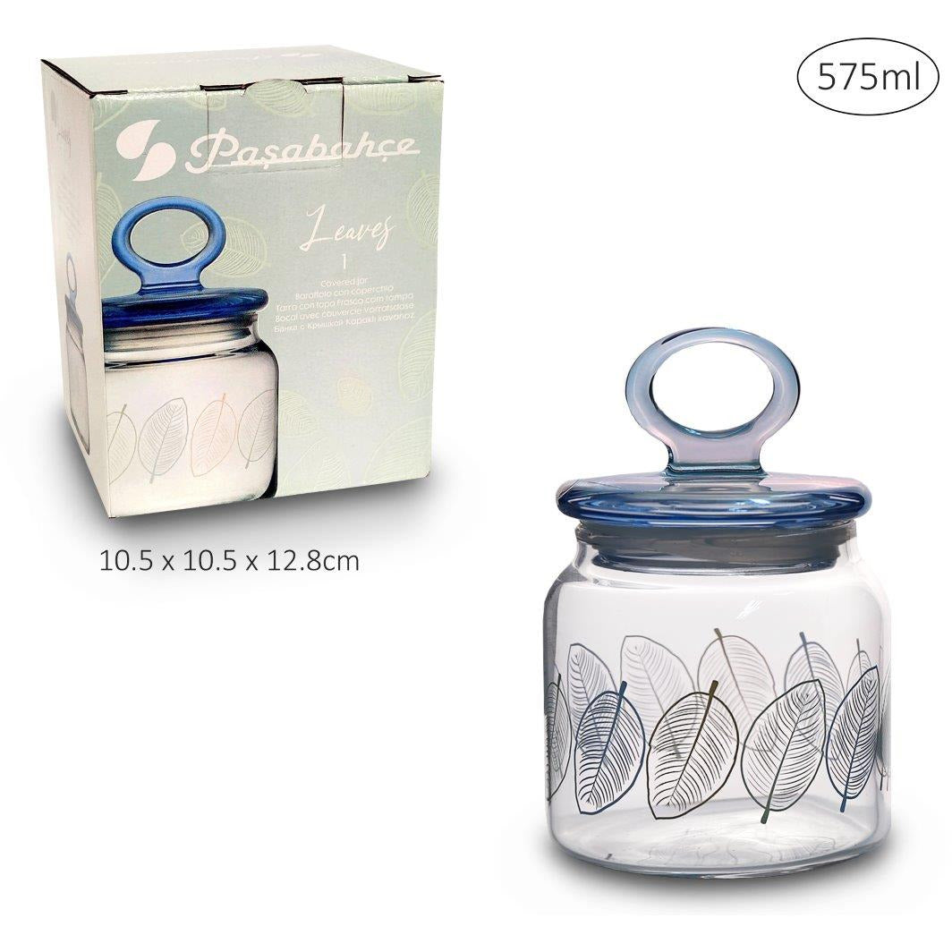 Glass Jar With Leaves Print And Lid - 575ml