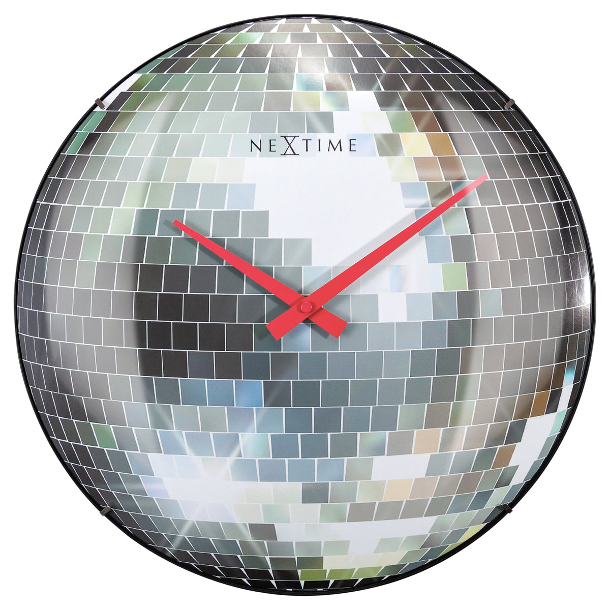 Wall clock 35cm-Silent-Silver-Dome Glass-NeXtime &quot;Disco Ball&quot;