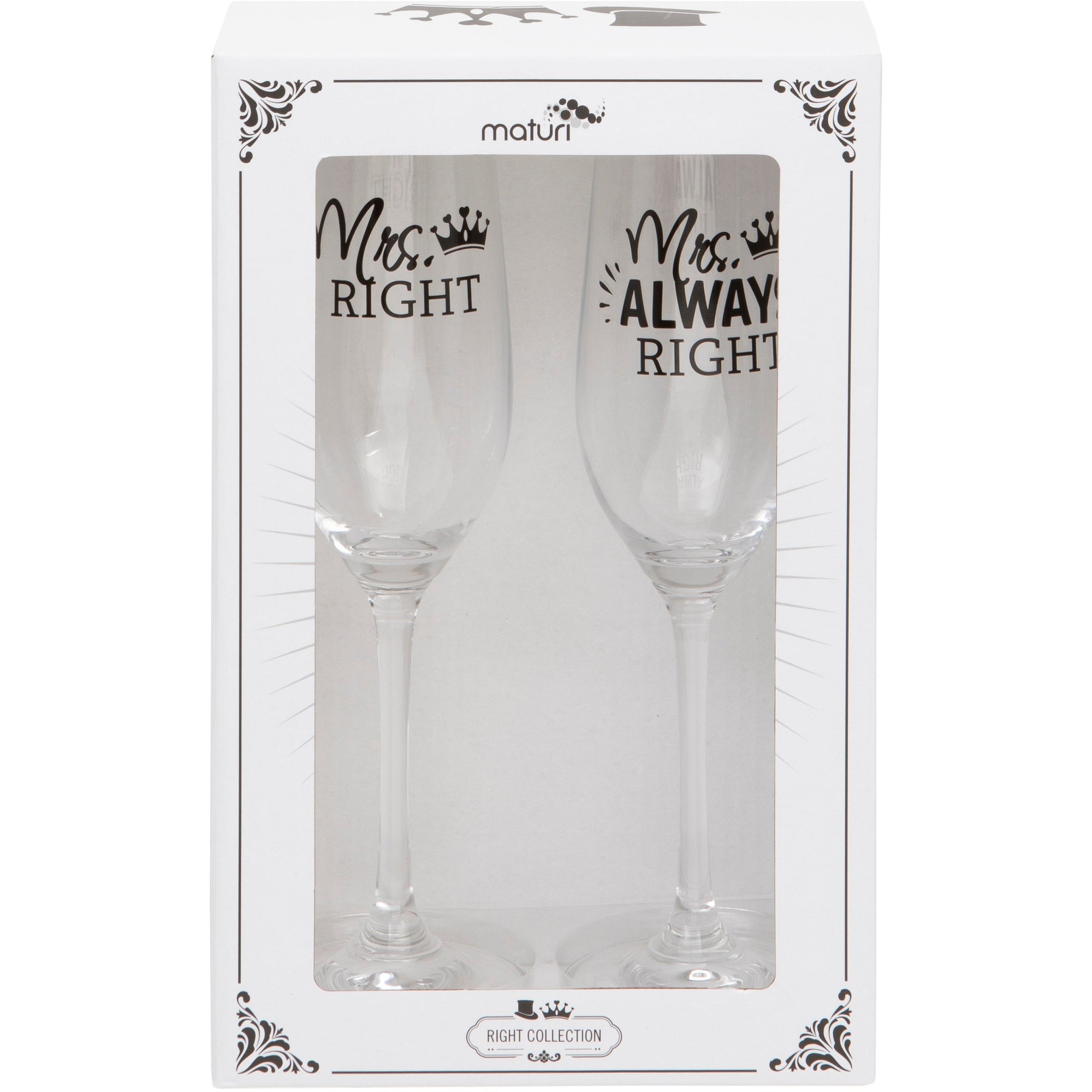 Set of Two Mrs Right Mrs Always Right Champagne Flutes