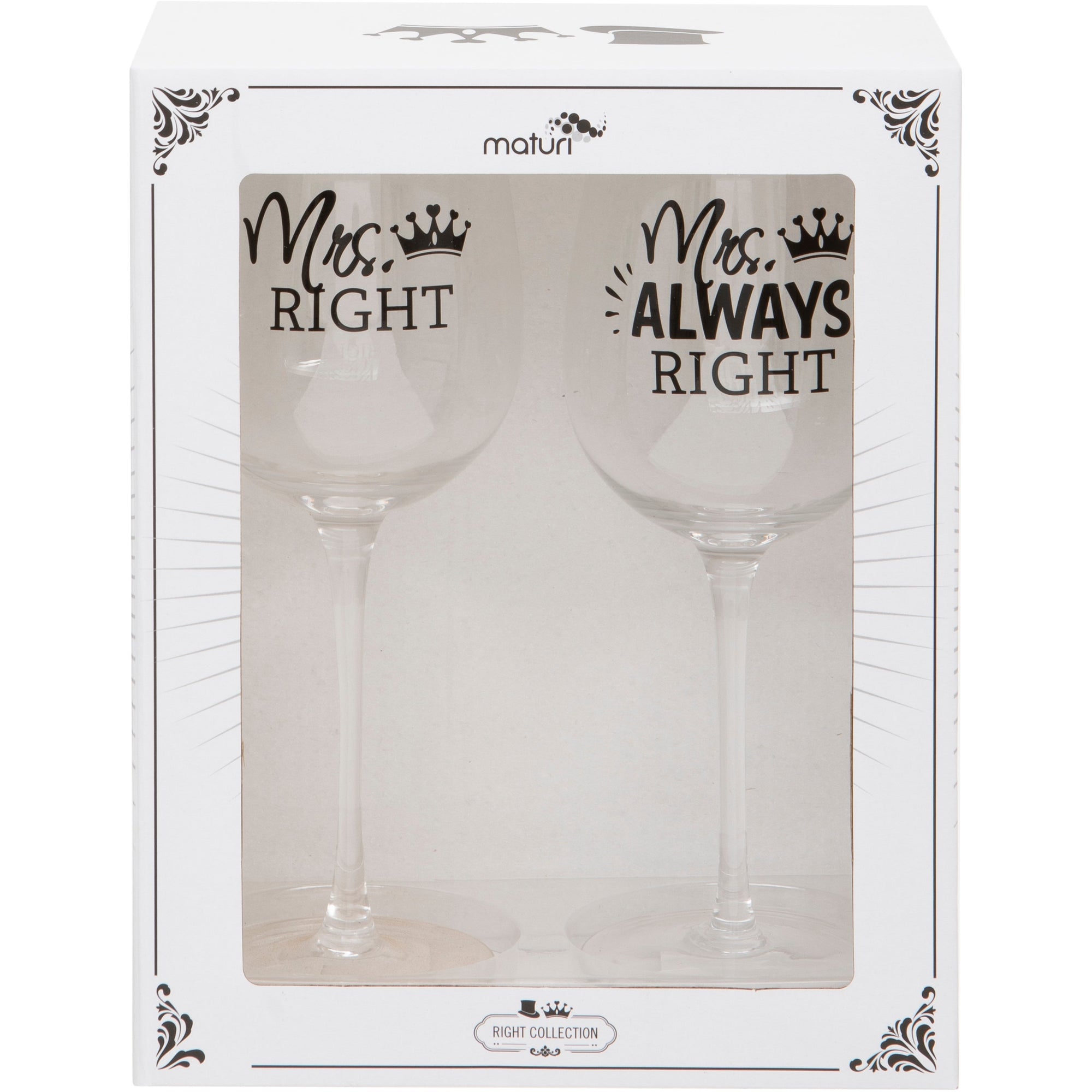 Set of Two Mrs Right Mrs Always Right Wine Glasses