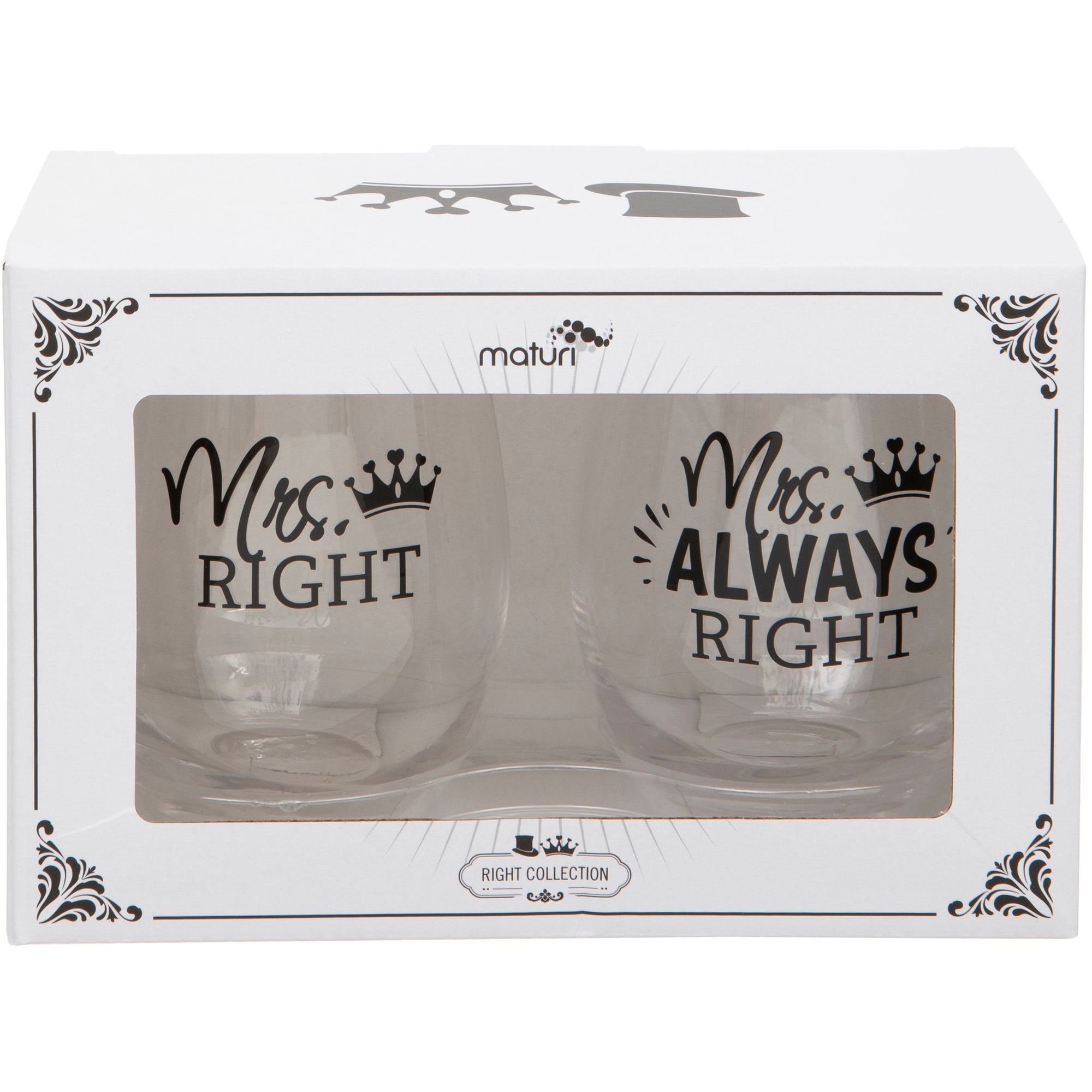 Set of Two Mrs Right Mrs Always Right Stemless Wine Glasses