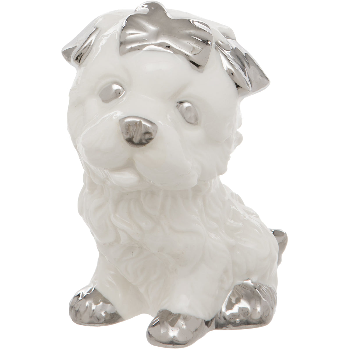 White Ceramic Dog Figurine With Silver Bow