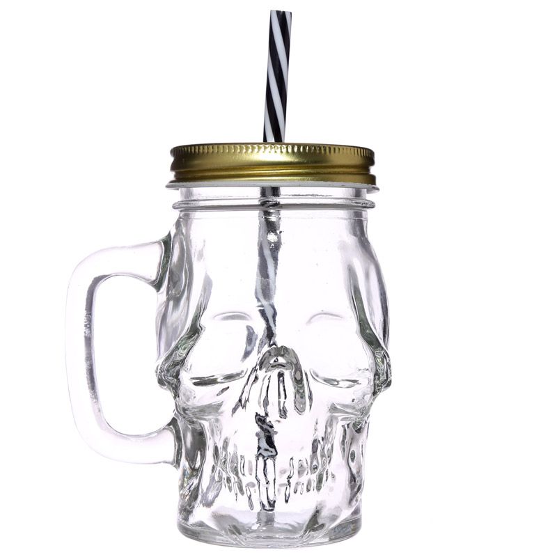 Glass Skull Drinking Jar with Metal Lid and Stripy Straw