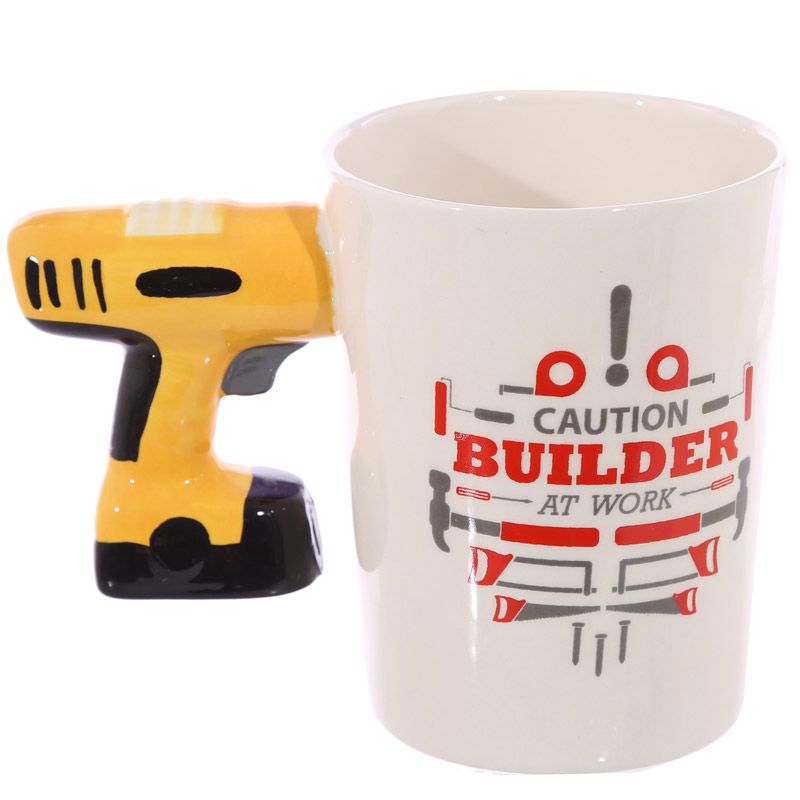 Electric Drill with Builder Decal Ceramic Shaped Handle Mug Side